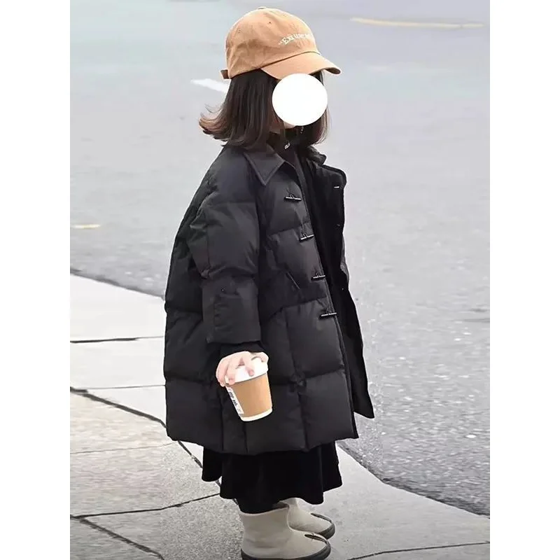 

Girls' Mid-Length down Cotton-Padded Coat 2023 New Western Style Children's Fashionable Horn Button Cotton-Padded Coat Winter Ba