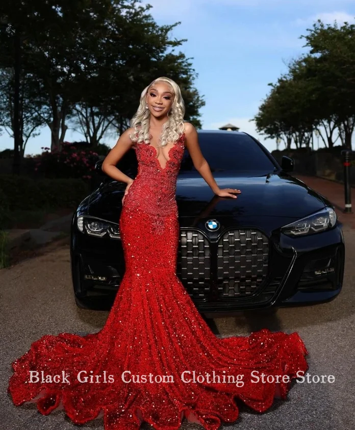 Burgundy Shiny Mermaid Diamond Prom Dress Elegant v-neck Beaded Crystal Sexy Black Teenage Birthday Customised robes de soir&eacute;e