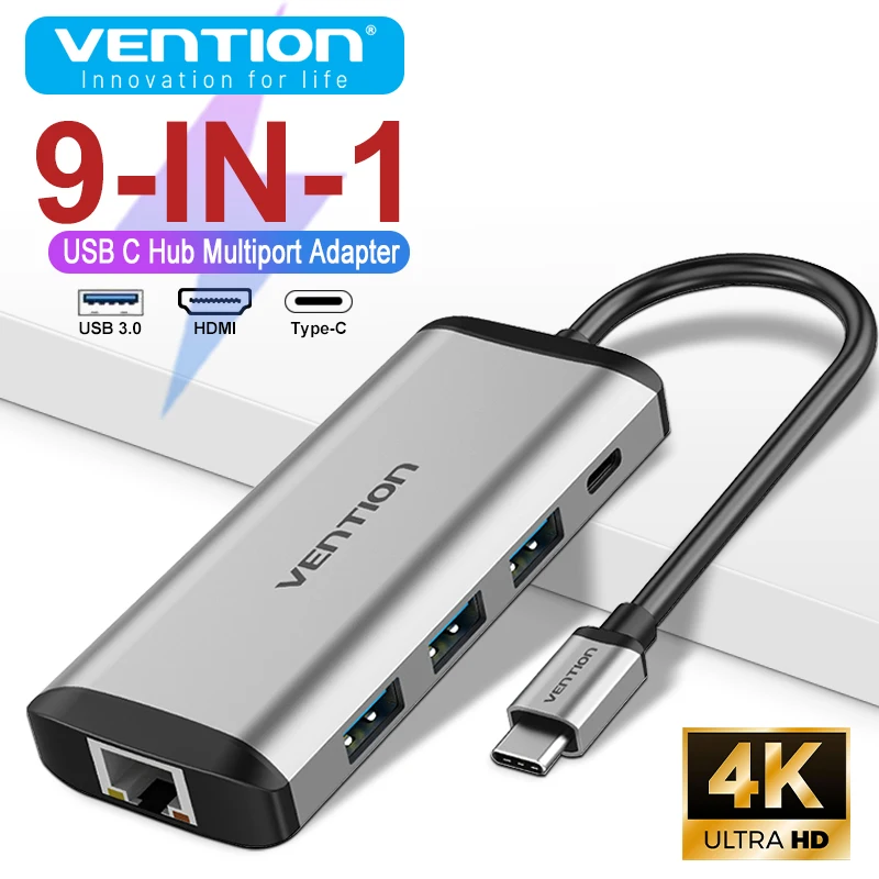 9-in-1 USB 3.0 Hub Compatible Laptop Dock Station Type-C to HDMI 4K30Hz Macbook Pro Air M1 M2 PD 100W Fast Charging Vention