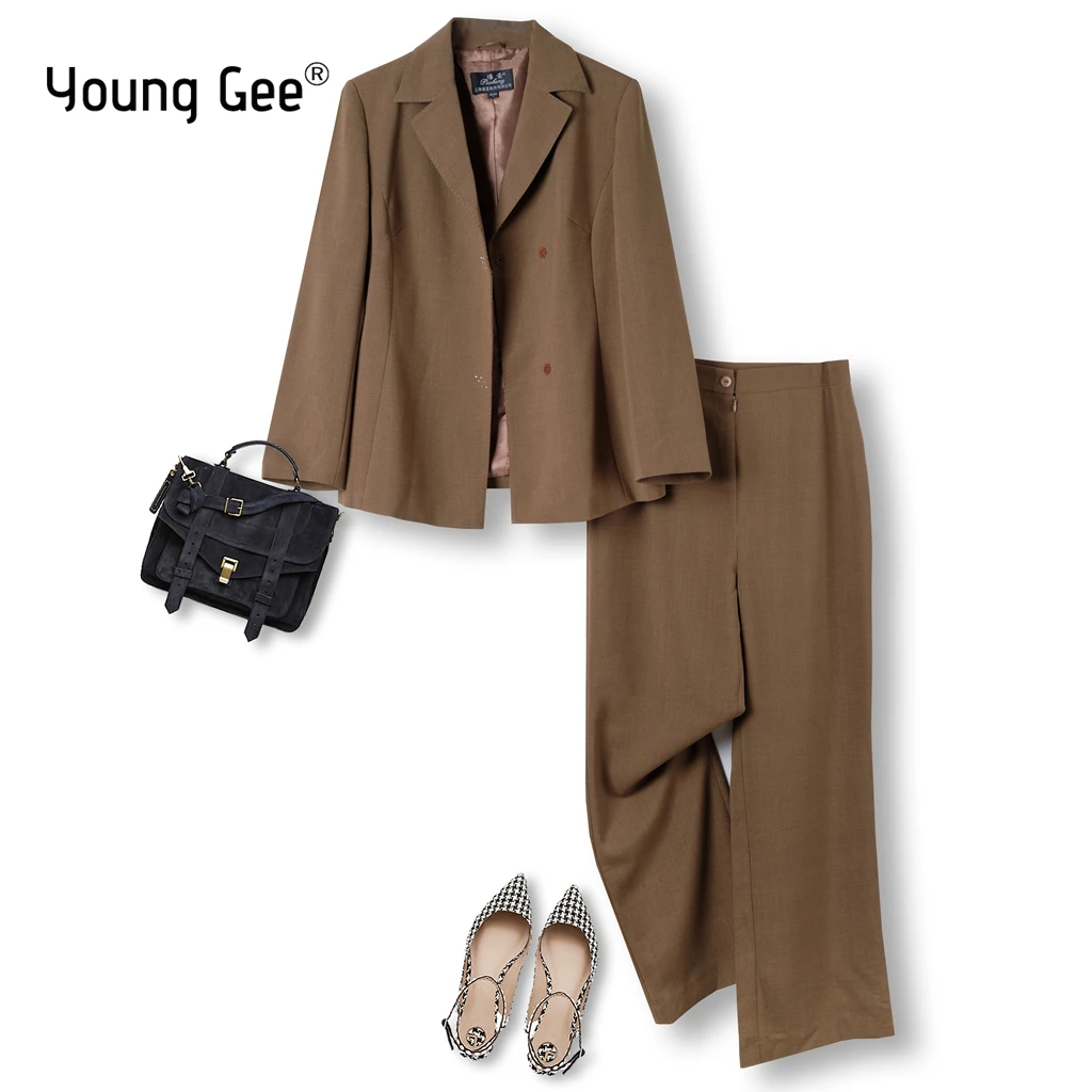 

Young Gee 2024 Two Piece Formal Blazer Suit Women Office Sets Long Solid Brown Pants Blazers 2 Piece Set Outfits Traf Tracksui