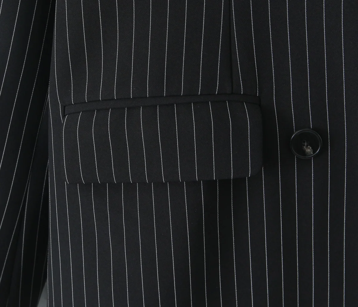 Spring Black Striped Oversized Blazer Women Loose Notched Full Sleeve Suits High Waist Long Flare Pants Halter Tank Tops