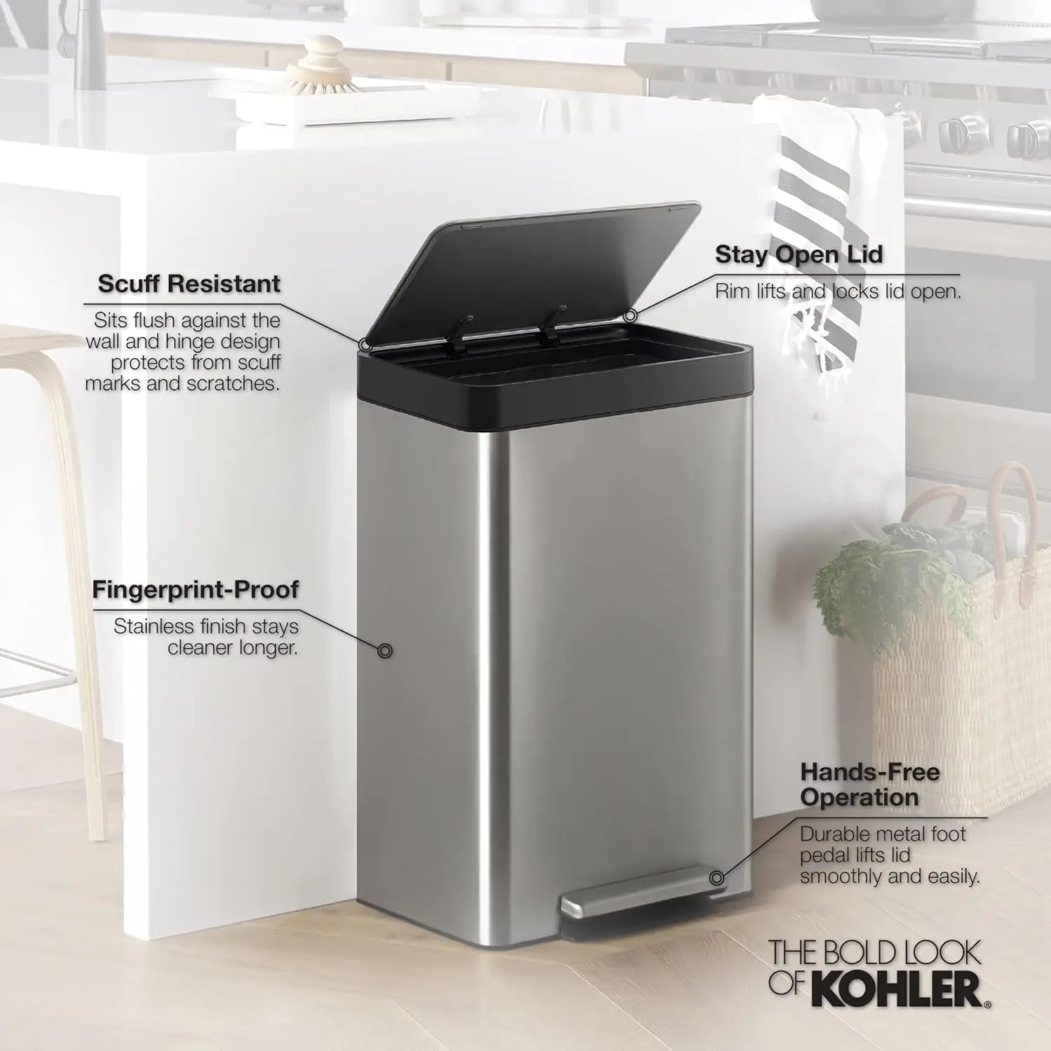 19 Gallon Kitchen Trash Can with Dual Compartments for Recycling, Odor Control, Stainless Steel, Silver, 70 Liters Total
