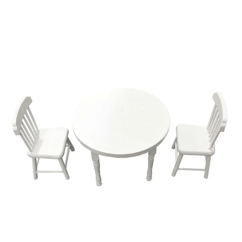

3 шт./набор, миниатюрная мебель для кукольного домика 1:12, белый деревянный обеденный стол с 2 стульями, аксессуары для украшения кукольного домика