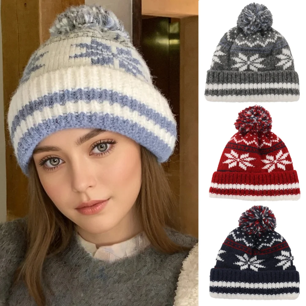 Hot Sale Classic Snow Flake Jacquard Winter Hats Winter Warm Pompoms Beanie For Women Solid Color Winter Knitted Hat