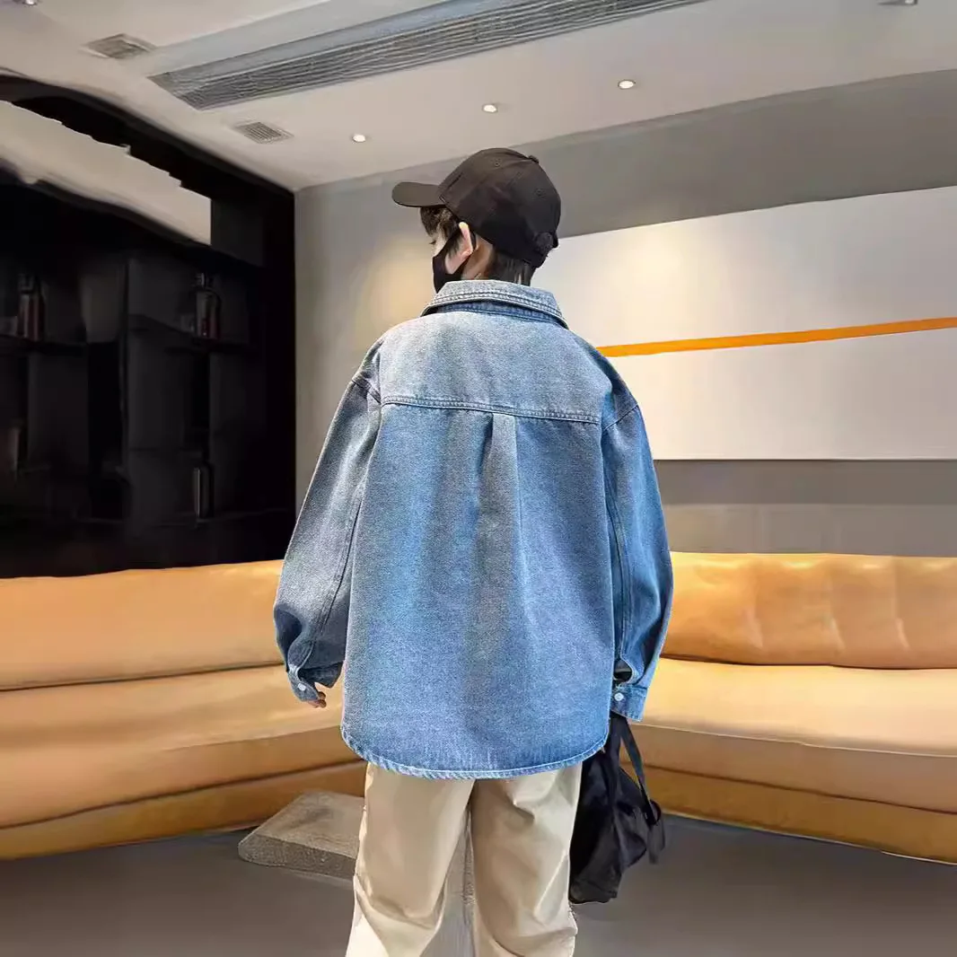 한국 어린이 소년 데님 재킷 턴 다운 칼라 싱글 브레스트 베이비 보이 코트 얇은 긴 소매 포켓 다목적 3-14Y 소년