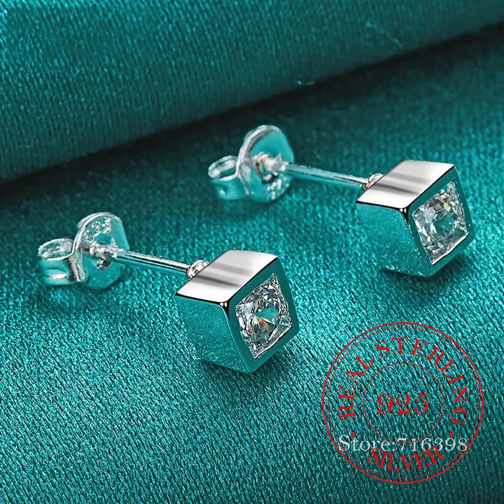 925SterlingSilverAAAZirconSquareStudEarringsForWomanFashion