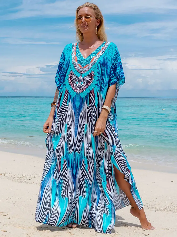 Bohemian Seaside Plus Size Print Kaftan Maxi Dress V Neck Slit Loose Robe Women Summer Beachwear Swimsuit Cover-ups Q1415 swimsuit cover up swimsuit coverup beach suit