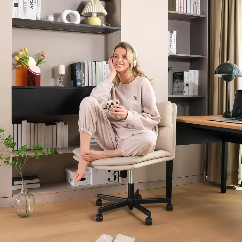 Armless Office Desks Chair with Wheels PU-Padded Vanity Chair Mid-Back Ergonomic Home Office Computer