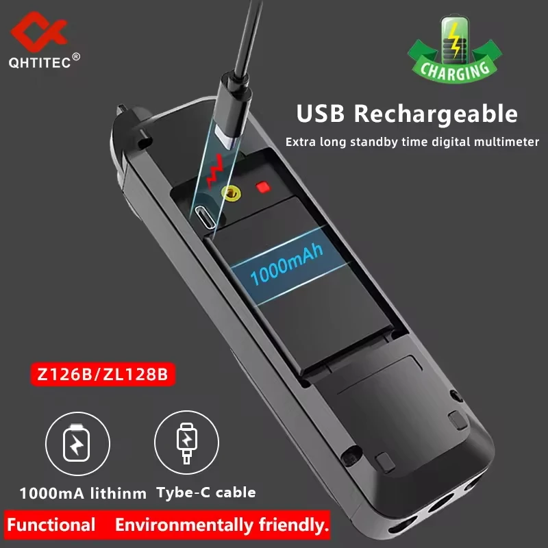 QHTITEC 디지털 전문 멀티미터 9999 T-RMS LCD 멀티미터 DC AC 전류 전압 테스터 커패시턴스 다이오드 USB 테스터 128B