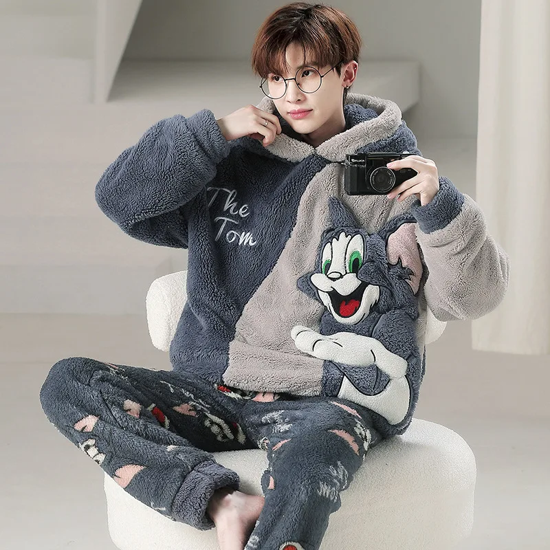 Autumn Winter Men's Coral Velvet Cartoon Pajamas Oversized Plush Thickened Warm Home Clothing Set Flannel Hooded Sleepwear
