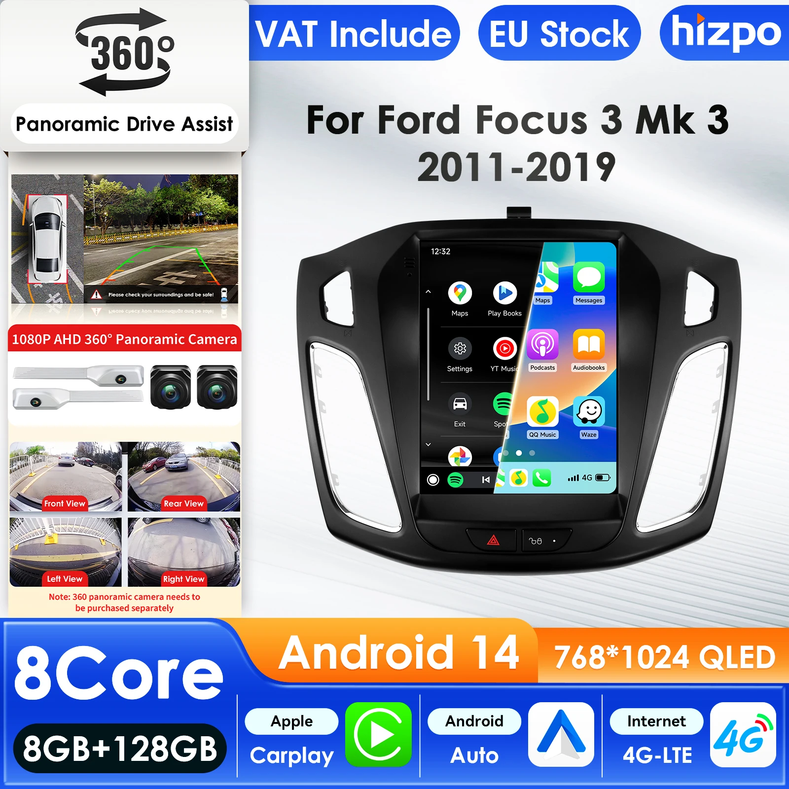 Hizpo 2 Din Android Auto Multimedia Player für Ford Focus 3 MK3 2011-2019 GPS Carplay 4G AI Intelligente Bildschirm Autoradio 360 Kamera