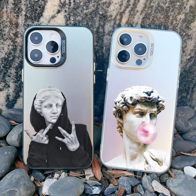 Artistic Aesthetic Phone Case - Shockproof Matte Laser Cover with David and Mona Lisa Design
