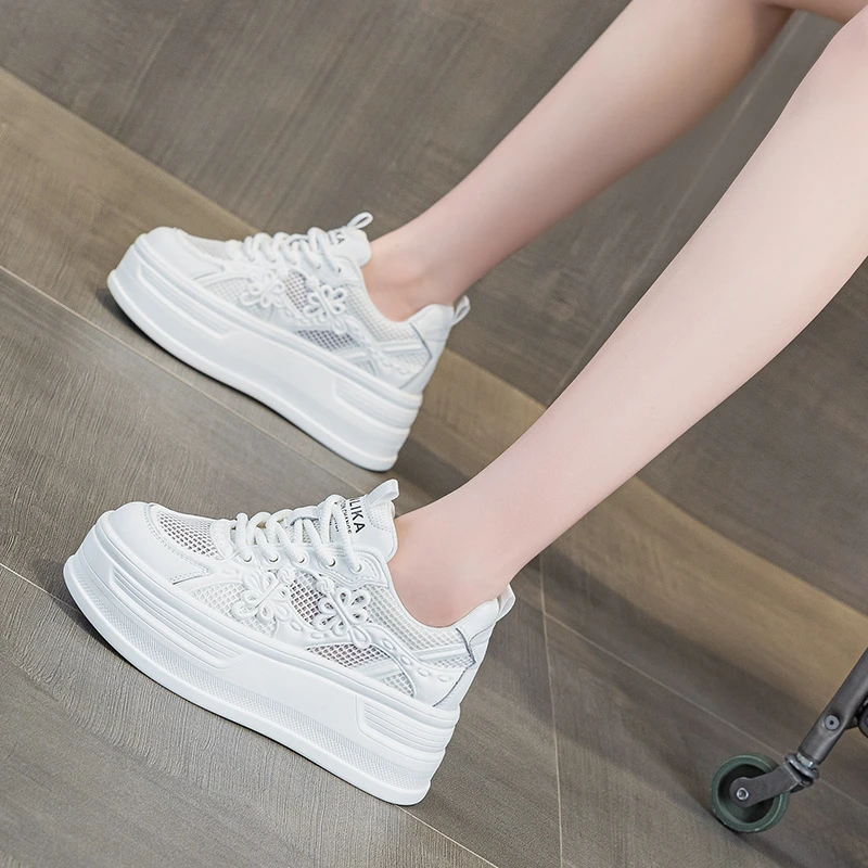 Womens White Mesh Platform Sneakers Breathable Thick Sole Casual Shoes With Flower Embroidery Lightweight Non Slip For Summer Da 6