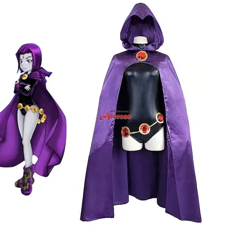 Titans Raven Costume Cosplay Super Hero Donna Tuta Nera Mantello Con Cappuccio Viola Costumi Di Halloween