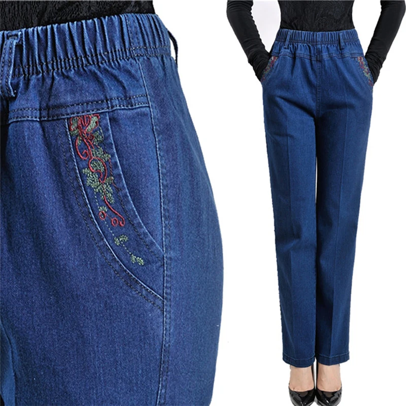 High Waist Jeans Women New Spring Autumn Elastic Waist Denim Trousers Female Winter Flocking Keep Warm Casual Straight Pants