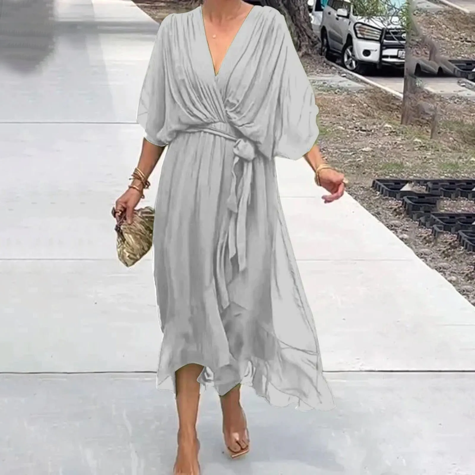 thumbnail image 1 of Vestido elegante con cinturón y cordones para mujer, vestido sexy de corte A con escote en V, manga corta, irregular, vestido de moda, drapeado, liso, estilo bohemio, midi, 1 of 5