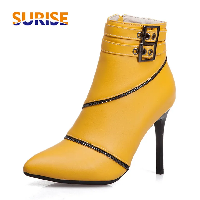 

Plus Size Office Party Women Ankle Boots Red Black High Thin Heels Sexy Lady Pointed Toe Buckle Belt Zipper Stiletto Short Boots