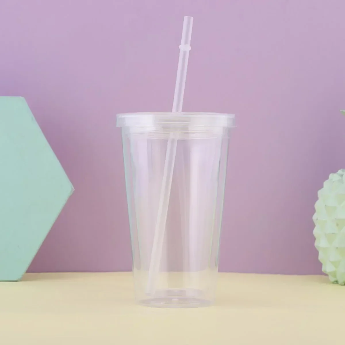 Reusable Double-layer Plastic Transparent Cup with Straw Lid for Outdoor Drink