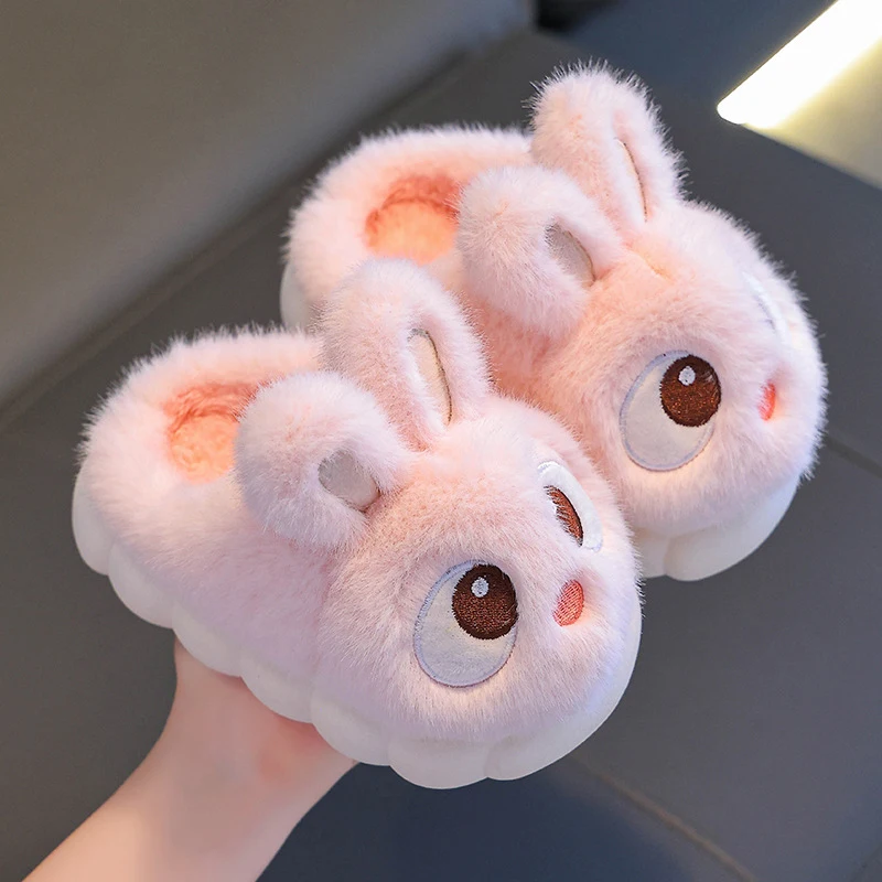 Cute Rabbit Children's Cotton Slippers Infoor Non Slip Soft Bottom Fluffy Slides Children Winter Warm Plush Slippers Women 24-41