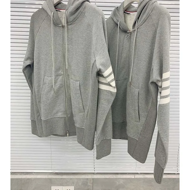 

TB THOM Hoodie Sweatshirts Korean Fashion Zipper Streetwear Clothes Grey Striped Casual Sportwear Men Women Cotton Jacket