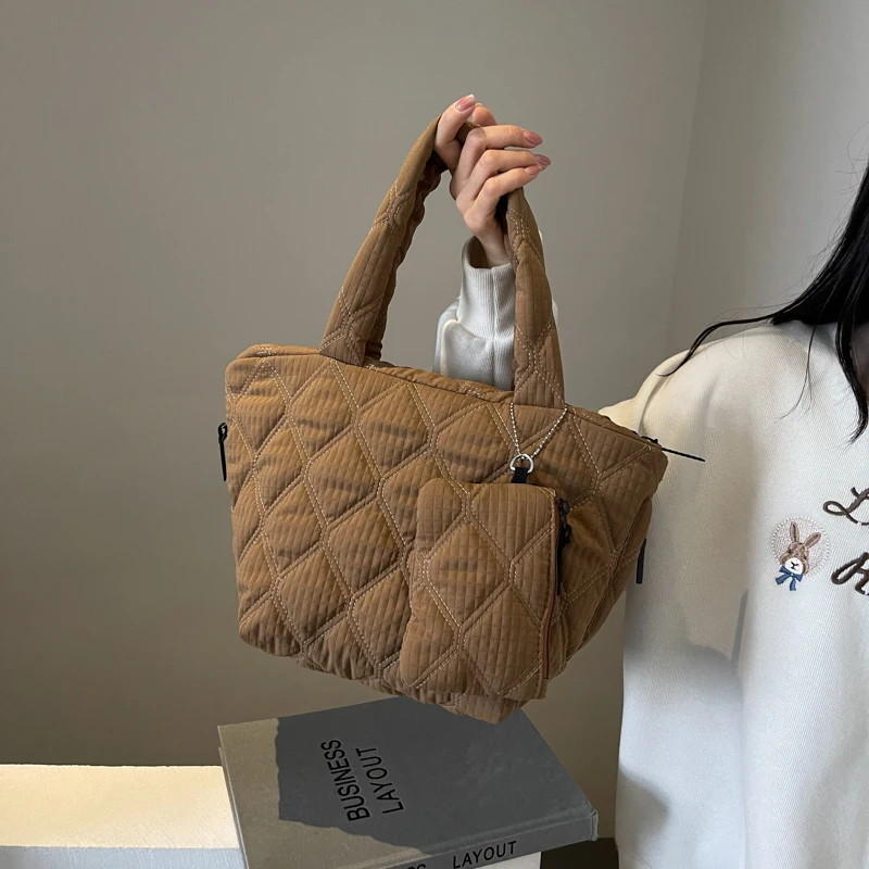 Women Soft Quilted Shoulder Bag Large Capacity Travel Padded Top-Handle Bag Diamond Grid Puffer Tote Bag Space Cotton Handbag