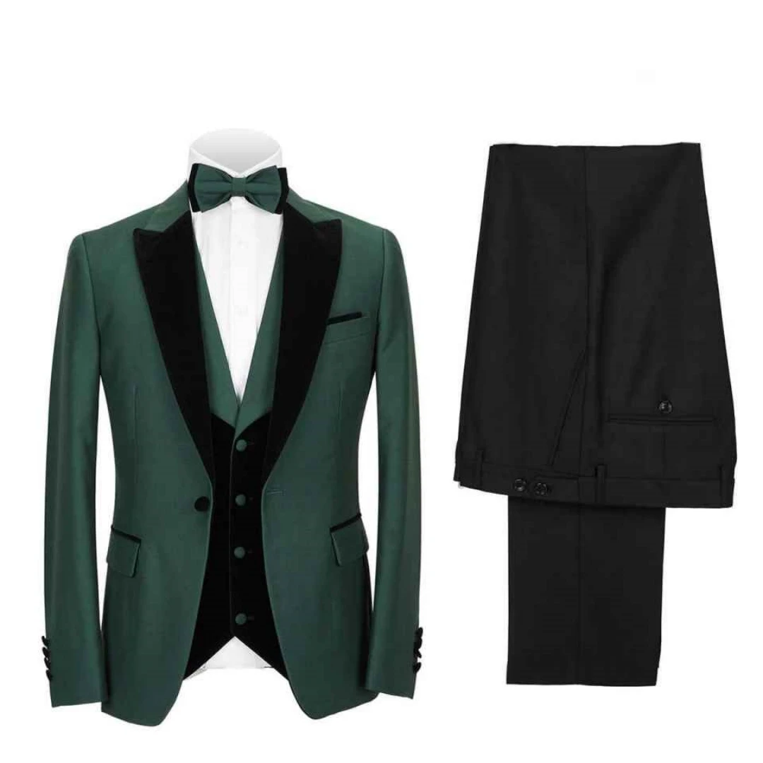 Dark Green 3 Pieces Men Suits Slim Fit Peak Lapel Formal Best Man Wedding Groom Wear Blazer Sets Party Tuxedos Trajes De Hombre