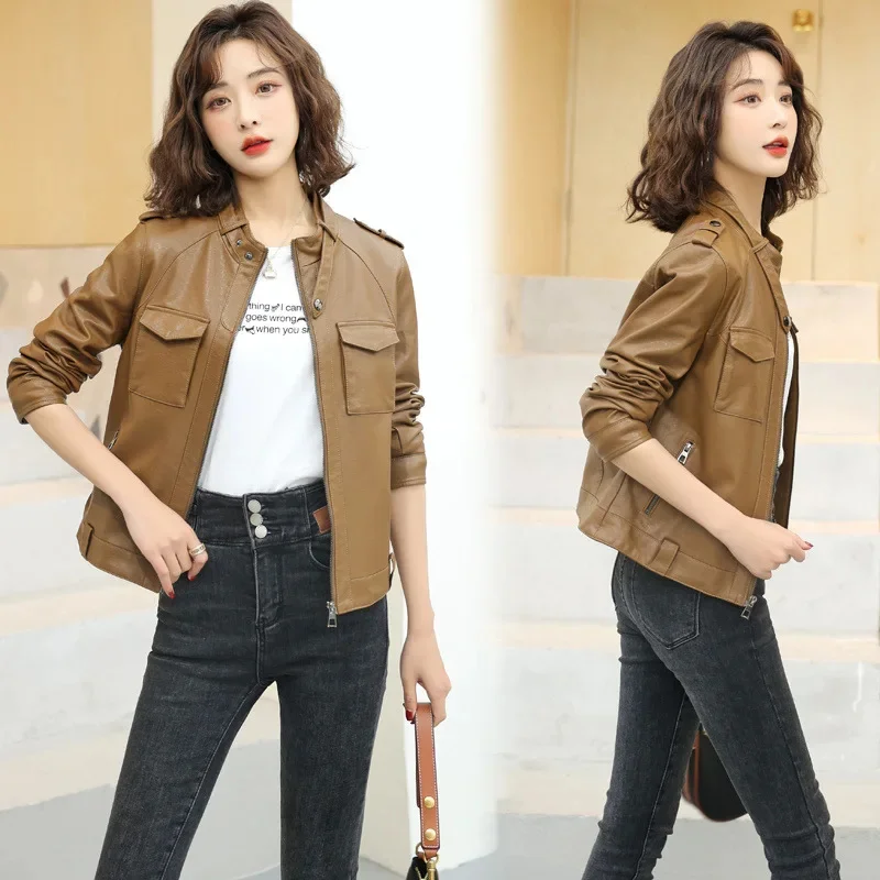 

2023 Spring Real Leather Aviator Jacket Women Genuine Sheepskin Coats O-neck Women's Moto Biker Zipper New Outerwear 5XL