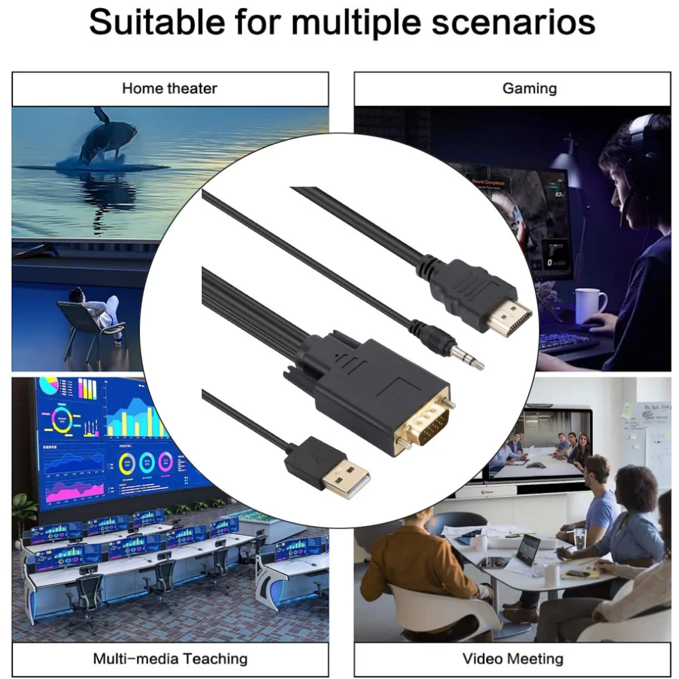 VGA to HDMI Adapter Cable 1080P VGA Male to HDMI Male Converter Cable With Audio USB Power for PC TV Laptop Monitor Projector