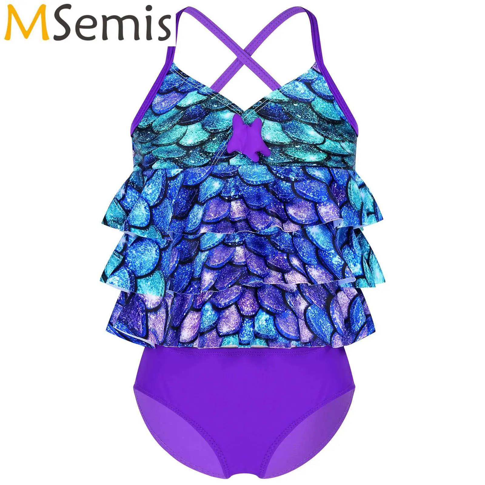 

2PCS Kids Girls Mermaid Scales Printed Starfish Bikini Swimsuit Tankini Swimwear Swimming Bathing Suit Set Tops with Bottoms