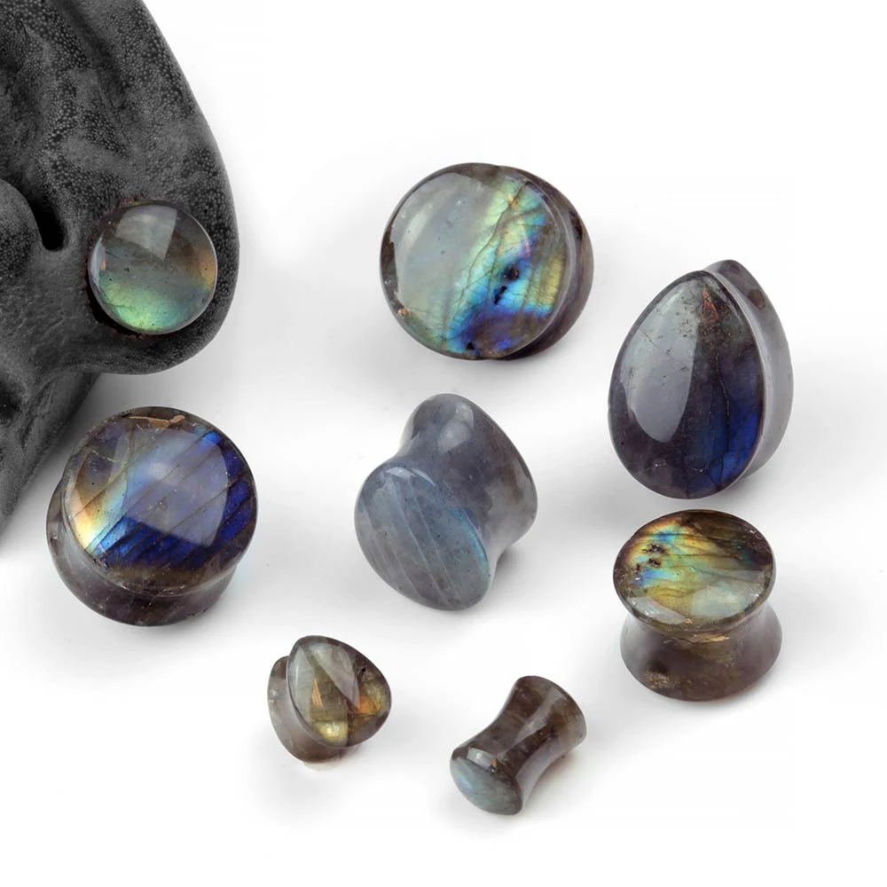 Body Piercing Jewelry Organic Labradorite Stone Ear Plugs Tunnels Flesh Double Flare Earlet Gauges Expander Round Teardrop Piercing Oreja