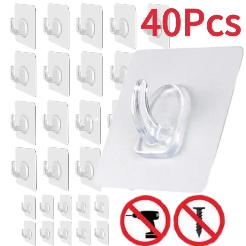 Self adhesive hooks 5-40pcs Transparent Self Adhesive Hooks Door Wall Mounted Hanger Hook Suction Heavy Load Rack Kitchen Bathroom Organizer Holder