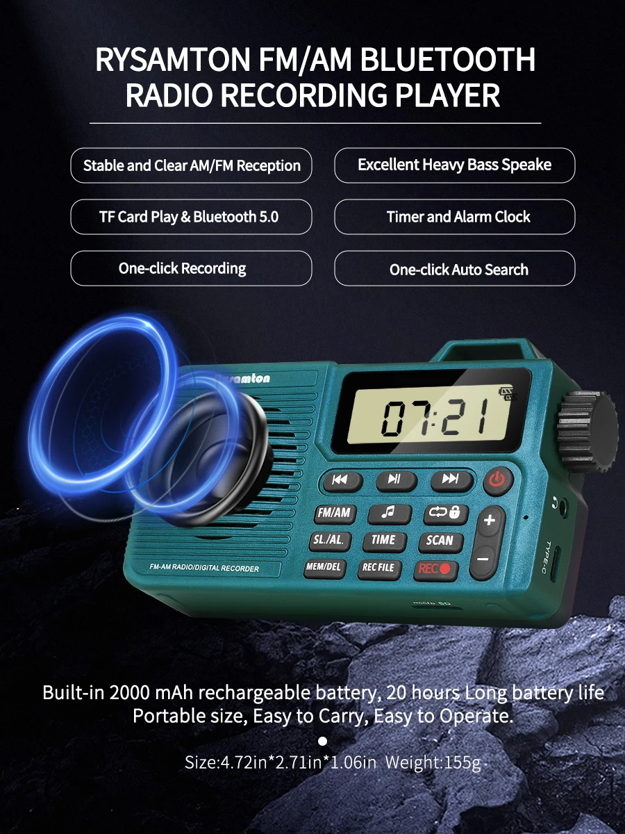 Portable AM/FM Radio, Small Pocket Radio with Bluetooth, Bass Speaker