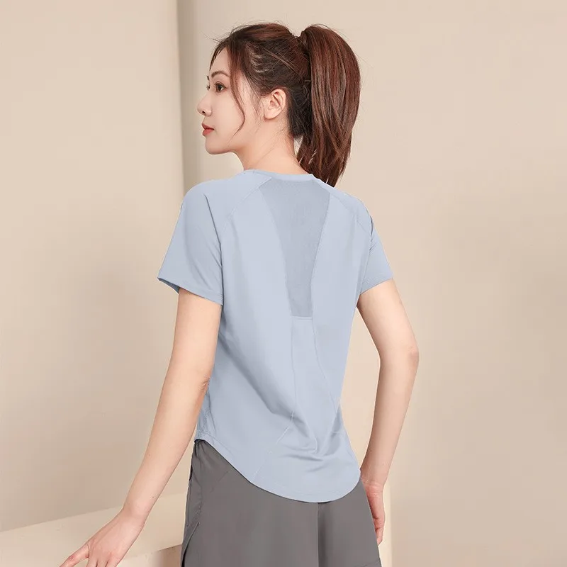 Magliette da yoga Abbigliamento sportivo Camicie da palestra da donna T-shirt da allenamento traspirante ad asciugatura rapida a maniche corte T-shirt da corsa da jogging - Image 2