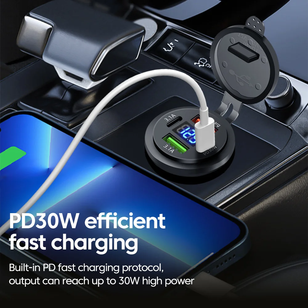 USB Car Charger Type C Fast Charging Adapter Waterproof Dual PD30W Dual QC 3.0 for 12V/24V Car Cellphone