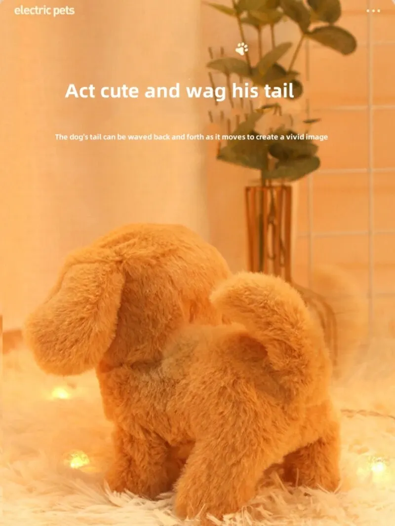 Walking Dog Toy 5.9 Inch Tall Cute Barking with Bell and Puppy Leash Interactive Tail Waking Realistic Plug