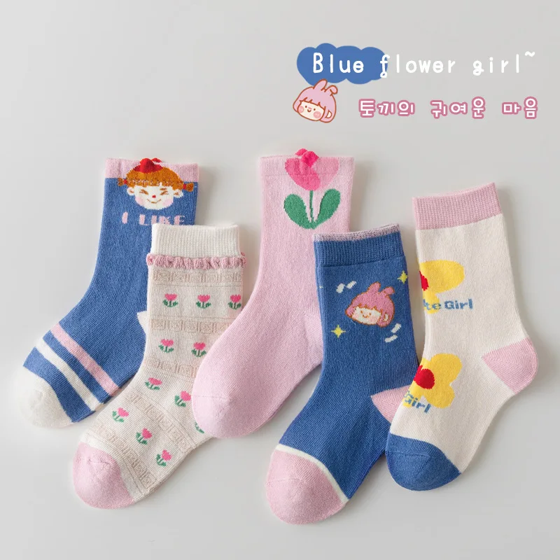 

Socks Girls Flowers Pattern Cotton Sock Spring Autumn1-12Y Baby Little Big Kids Calf Length 5 Pairs/pack