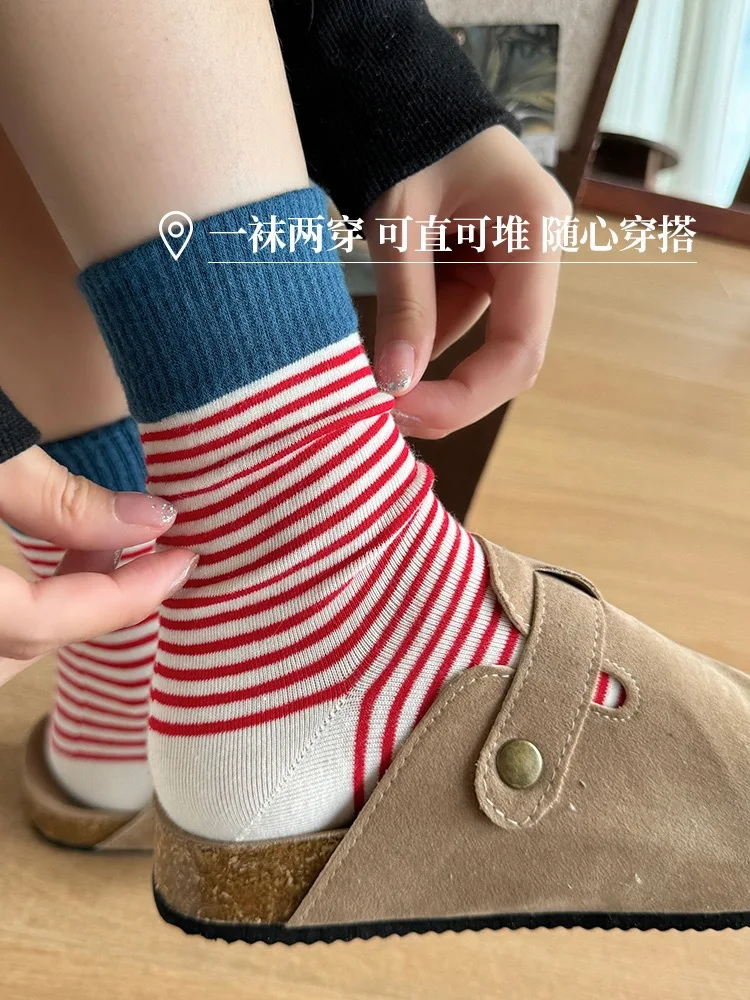 Streifen Patchwork Farbe Socken Für Frauen Baumwolle INS In Rohr Socken Weibliche Mode Trends Socken Jk Stil Harajuku Atmungsaktive Socken – Detail 10