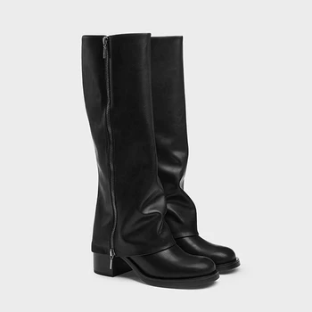 FWRD Women's Slouchy Knee-High Zipper Boots, Chunky Heel, Comfortable for Autumn Winter Daily & Streetwear #FWRD000249