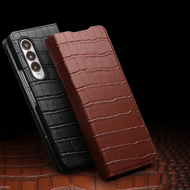 

Qialino Genuine Cowhide Leather Business Flip Case For Samsung Galaxy Z Fold 4 3 Fold4 Crocodile Belly Texture Full Armor Cover