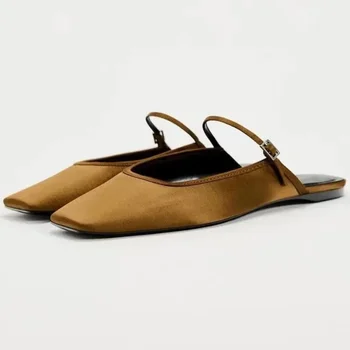 New Women Flats 2025 Square Toe Buckle Strap Breathable Mules Satin Leisure Slingbacks Chic Fashion Designer Shoes for Ladies 1