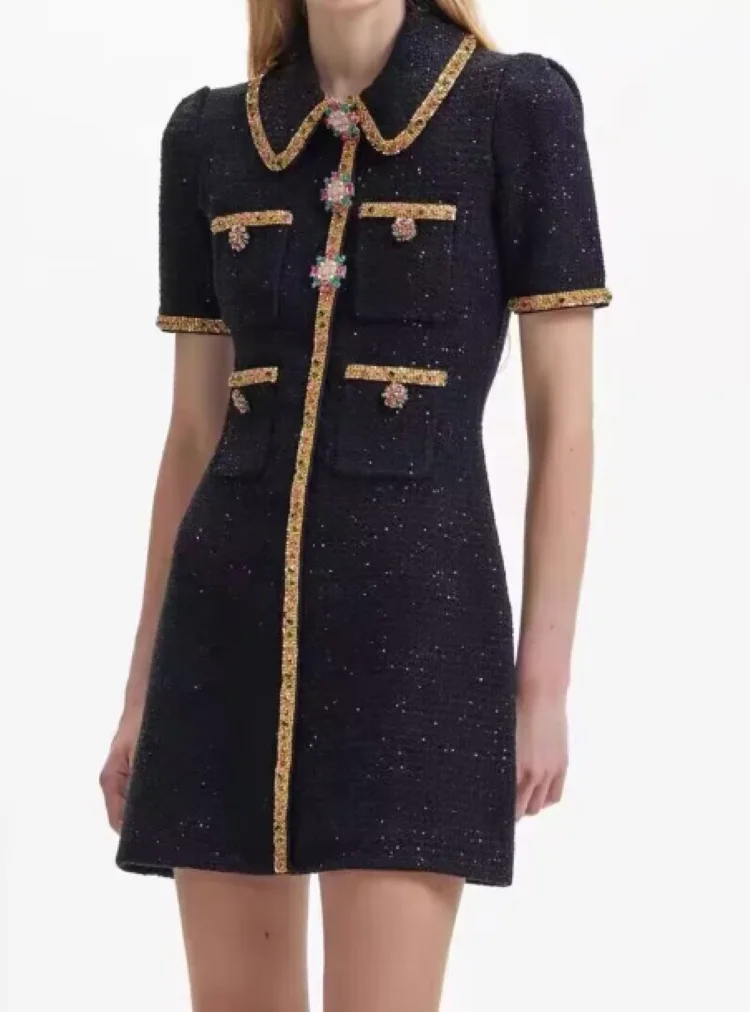 

Women Sequin Black Dress Beaded Turn-down Collar Single Breasted Short Sleeve Elegant Autumn 2023 Mini Robe