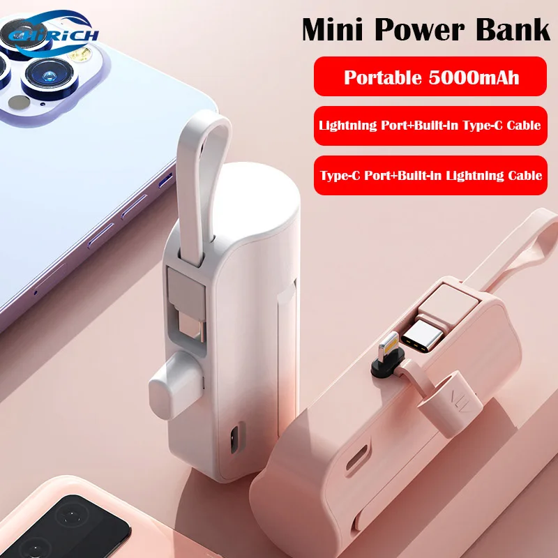 

5000mAh Portable Power Bank Built in Cable Mini Powebank Mobile Phone Spare External Battery Pack For iPhone Samsung Xiaomi