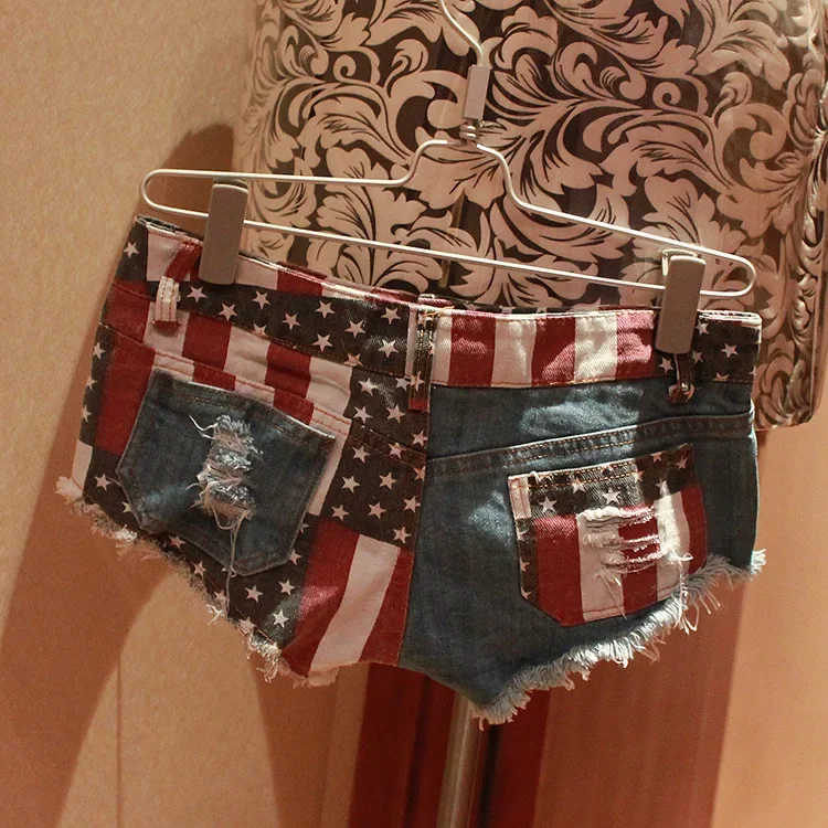 Women's Low-Rise American Flag Print Ripped Denim Shorts Jeans Mini Hot Shorts Summer Style Jean Shorts Women Summer