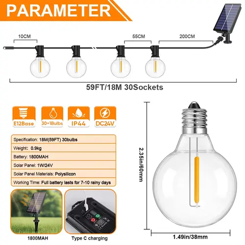 G40 Outdoor Solar String Light Garland LED Solar String Lights 24V Globe Waterproof Hanging Lights for Garden Backyard Cafe - Image 7