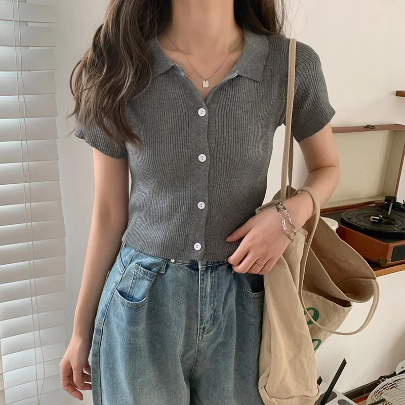 

Woman Tshirts Short Sleeve Single Breasted Tees 2023 Ropa Mujer Fashion Summer T Shirts Crop Tops Casual Vintage T-shirt