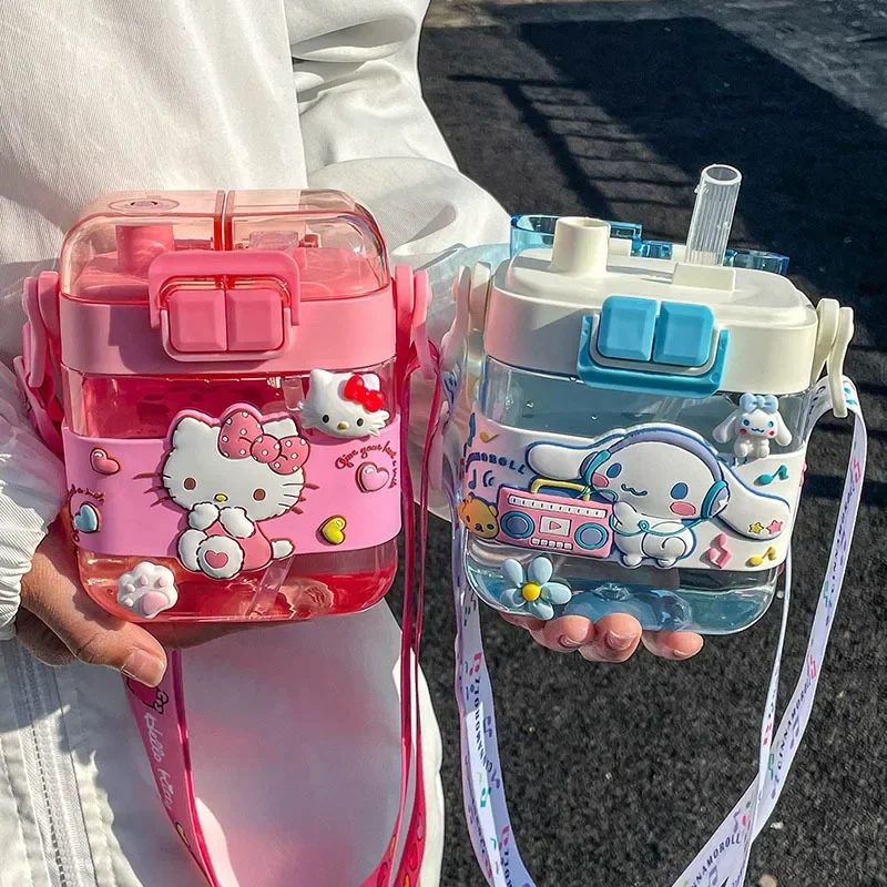 

600 мл Hello Kitty большая емкость бутылка для воды Kawaii Sanrioed Kuromi Cinnamoroll прозрачный пластиковый чайник с соломинкой портативная чашка