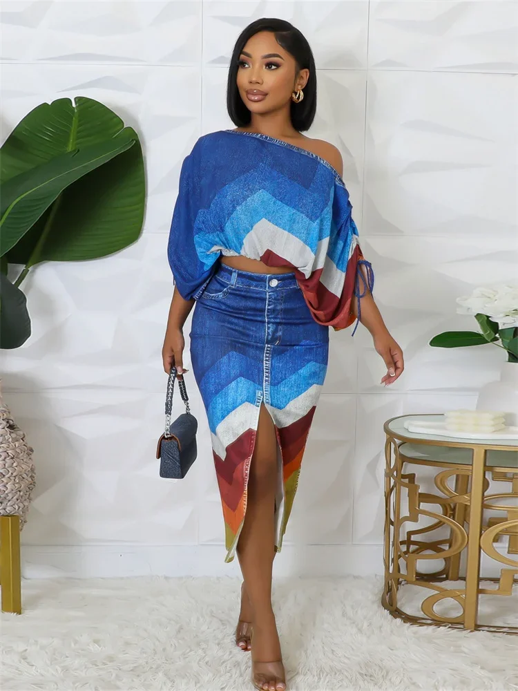 Wmstar Women's One shoulder Long Casual Sleeve Printed Blue Bat Sleeve Top Slit Short Skirt Two piece Set Wholesale Dropshipping