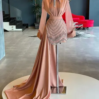 누드 핑크 짧은 무도회 홈커밍 원피스 스커트, 긴 소매 크리스탈 이브닝 피로연 가운, 기차 베스티도 드 축제