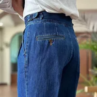 High Quality Double Pleated Jeans Straight Leg Pant Naples Straight Tube Loose Washed High Grade Business Pant Men Dress Trouser 2