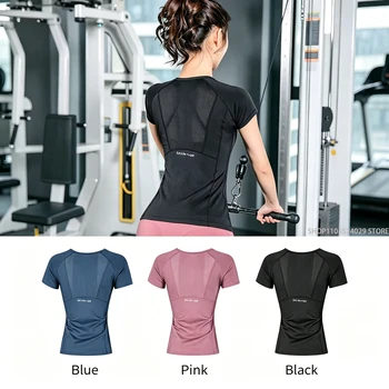 Abbigliamento sportivo da donna per fitness, corsa, jogging, maglietta sportiva da palestra a maniche corte senza cuciture, top da yoga, top da allenamento femminile, t-shirt